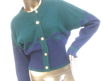 CHANEL Luxurious Cashmere Green & Blue Gilt Button Cardigan Size S