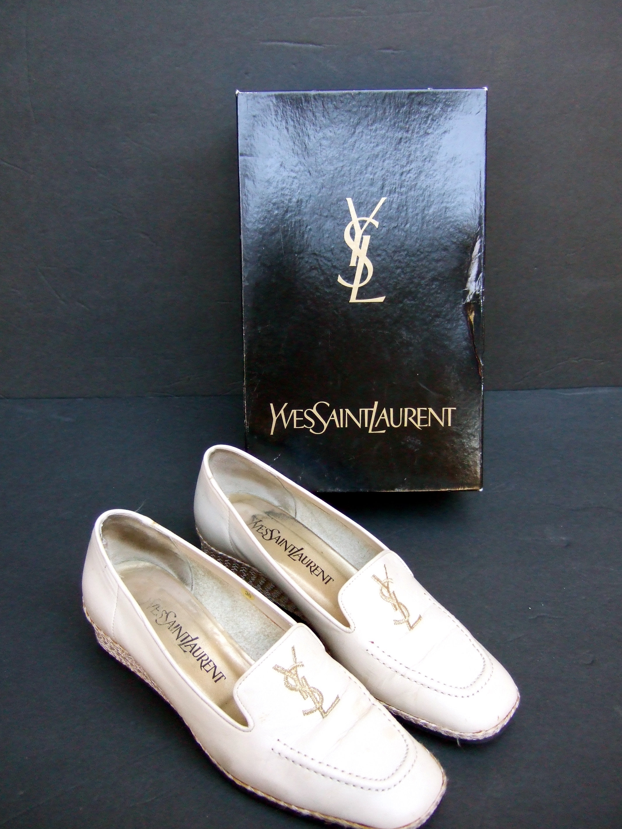 YVES SAINT LAURENT Taupe Leather Wedge Slip on Shoes Vintage YVES SAINT LAURENT Taupe Leather Wedge Slip on Shoes Vintage