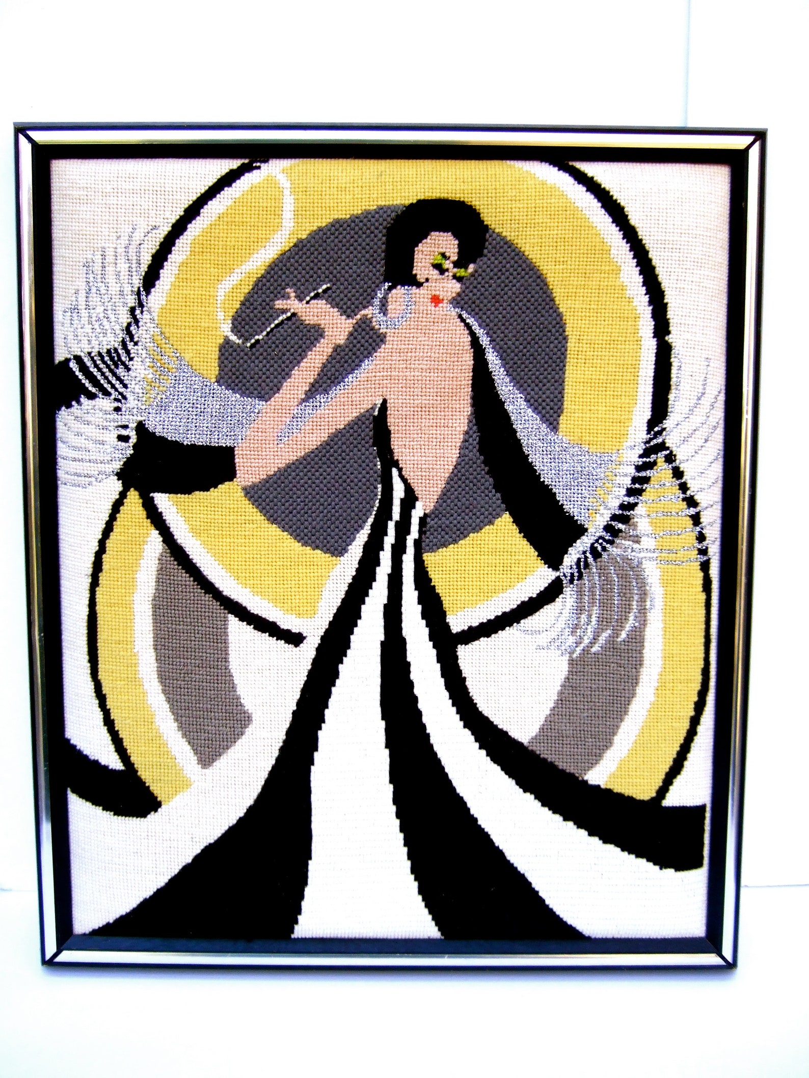 Mod 1970s Art Deco style Needlepoint Framed Woman Etsy