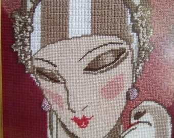 Vogue Needlepoint Framed Erte Style Art Deco Inspired Wall Hanging c 1990s