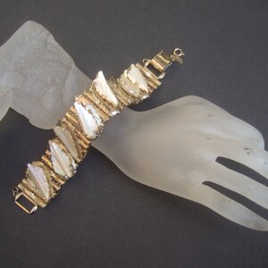 Elegant Carved Mother of Pearl Gilt Metal Link Bracelet by Kafin NY image 10