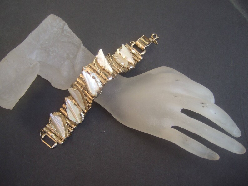 Elegant Carved Mother of Pearl Gilt Metal Link Bracelet by Kafin NY image 10