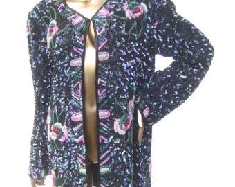 Exquisite Glass Beaded Floral Sequined Silk Evening Jacket c 1980s
