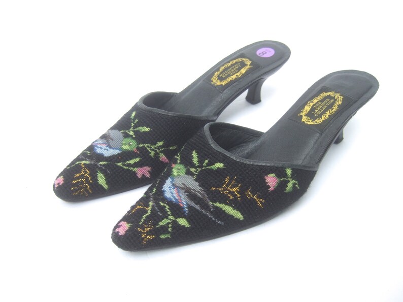 Charming Needlepoint Blue Bird Floral Mule Slipper Shoes Etsy