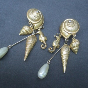 Unique Gilt Metal Sea Life Themed Clip on Articulated Earrings c 1980s