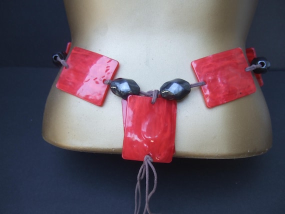 Resin Tile Beaded String Cord Tie Belt c 1980s - image 1