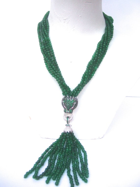 Opulent Green Crystal Panther Tassel Necklace - image 3