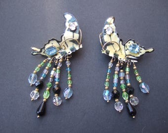 Lunch at the Ritz Large Scale Crystal Butterfly Clip on Statement Earrings c 1980s