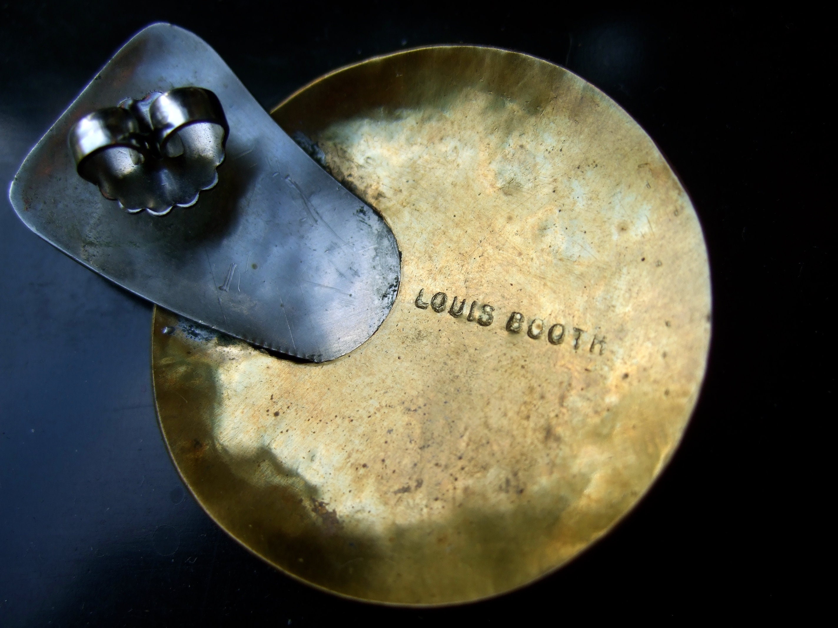 Vintage Large LOUIS BOOTH Sterling Silver Brass Pierced Earrings Modernist