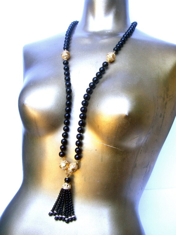 Opulent Ebony Glass Beaded Sautoir Necklace c 198… - image 4