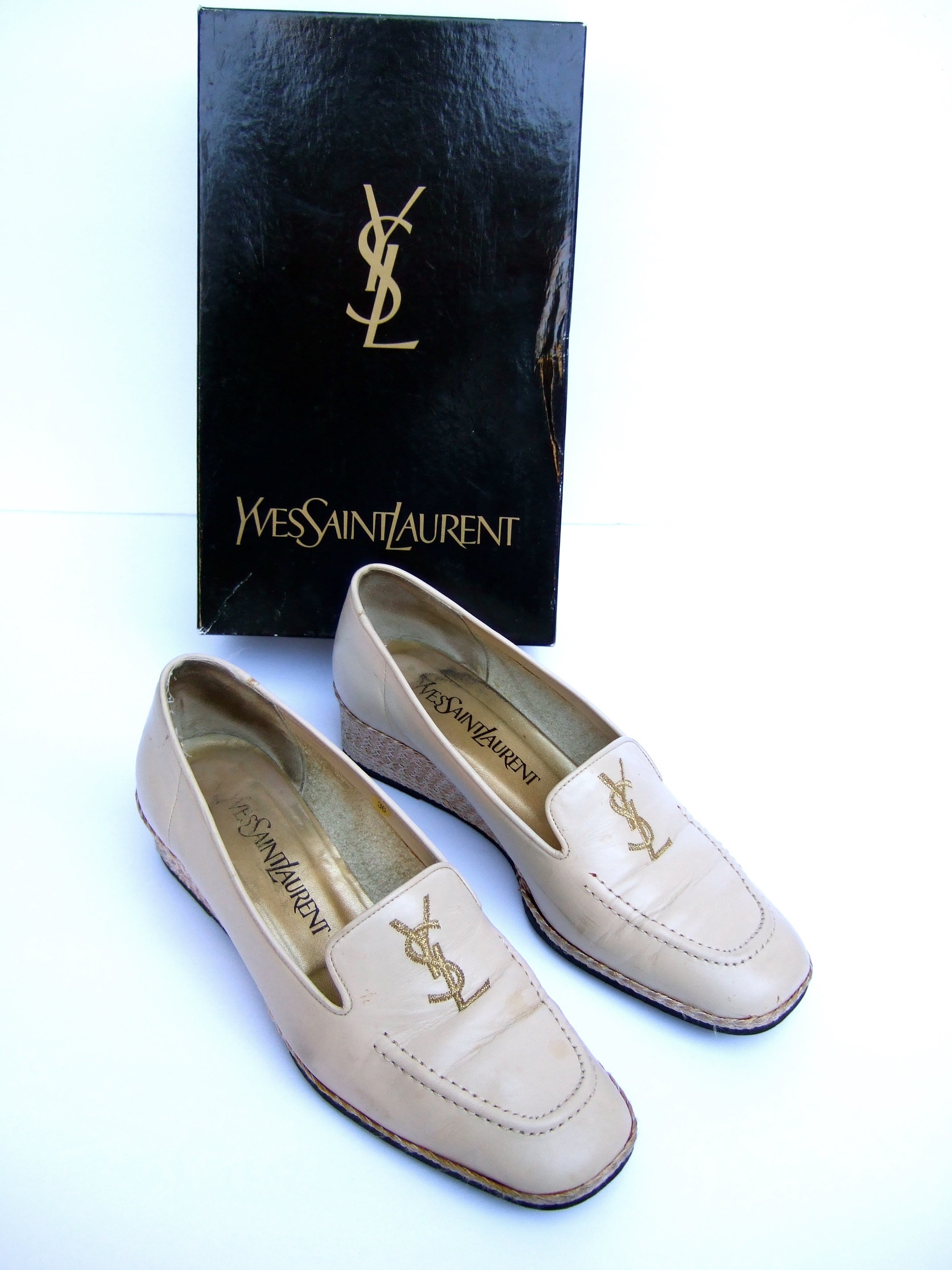 YVES SAINT LAURENT Taupe Leather Wedge Slip on Shoes Vintage