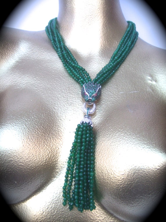 Opulent Green Crystal Panther Tassel Necklace - image 5