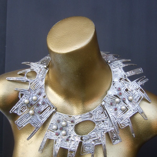 Rachel Gera Massive Avant-garde Sterling Silver Semi Precious Jeweled Artisan Brutalist Statement Necklace