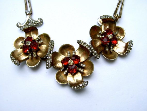 1940s Elegant Red Floral Crystal Choker Necklace … - image 4