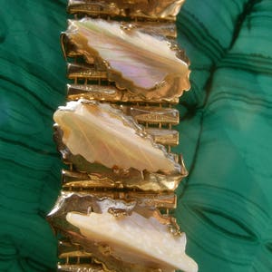 Elegant Carved Mother of Pearl Gilt Metal Link Bracelet by Kafin NY image 7