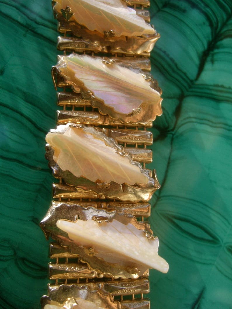 Elegant Carved Mother of Pearl Gilt Metal Link Bracelet by Kafin NY image 7