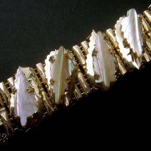 Elegant Carved Mother of Pearl Gilt Metal Link Bracelet by Kafin NY image 5