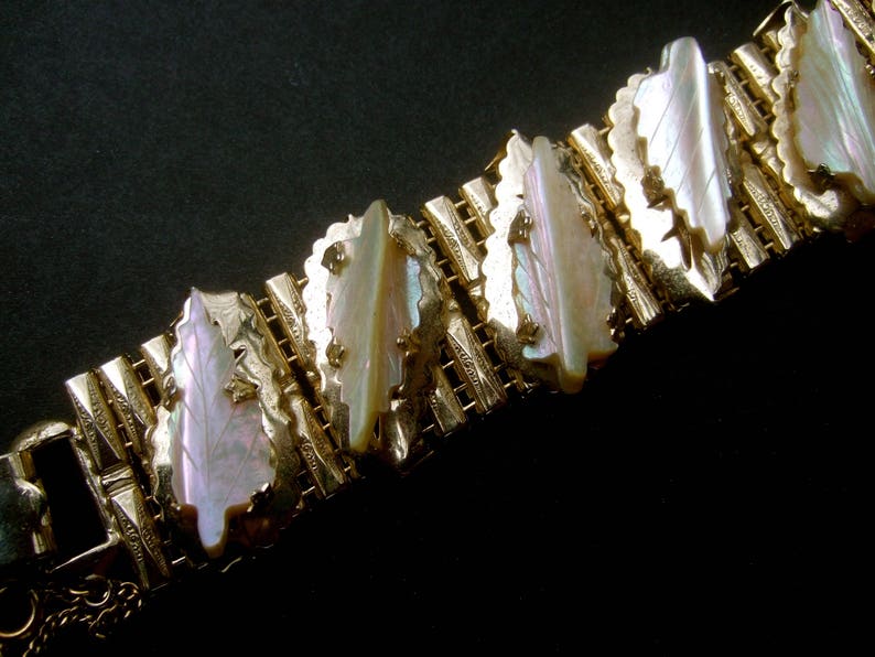 Elegant Carved Mother of Pearl Gilt Metal Link Bracelet by Kafin NY image 5