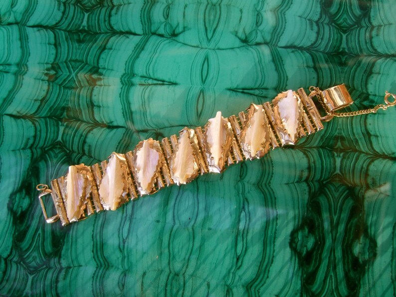 Elegant Carved Mother of Pearl Gilt Metal Link Bracelet by Kafin NY image 2