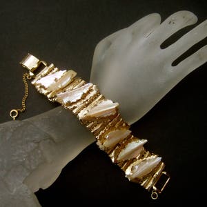 Elegant Carved Mother of Pearl Gilt Metal Link Bracelet by Kafin NY image 1