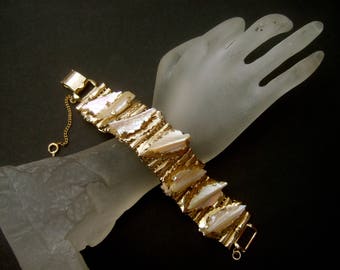 Elegant Carved Mother of Pearl Gilt Metal Link Bracelet by Kafin NY