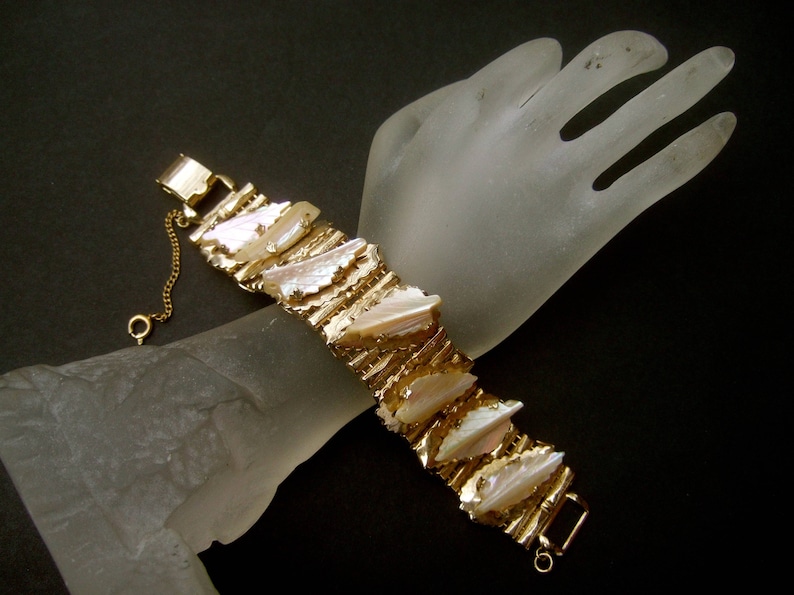 Elegant Carved Mother of Pearl Gilt Metal Link Bracelet by Kafin NY image 1