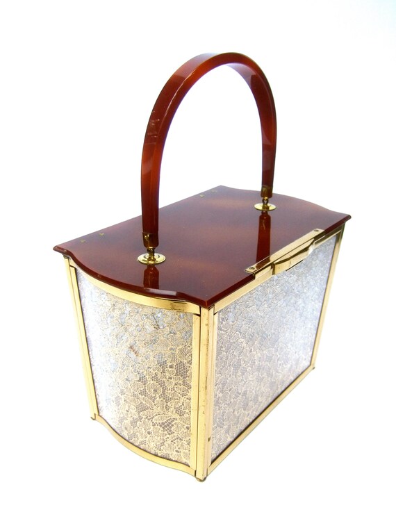 1950s Mid Century Lucite Gold Lace Box Purse