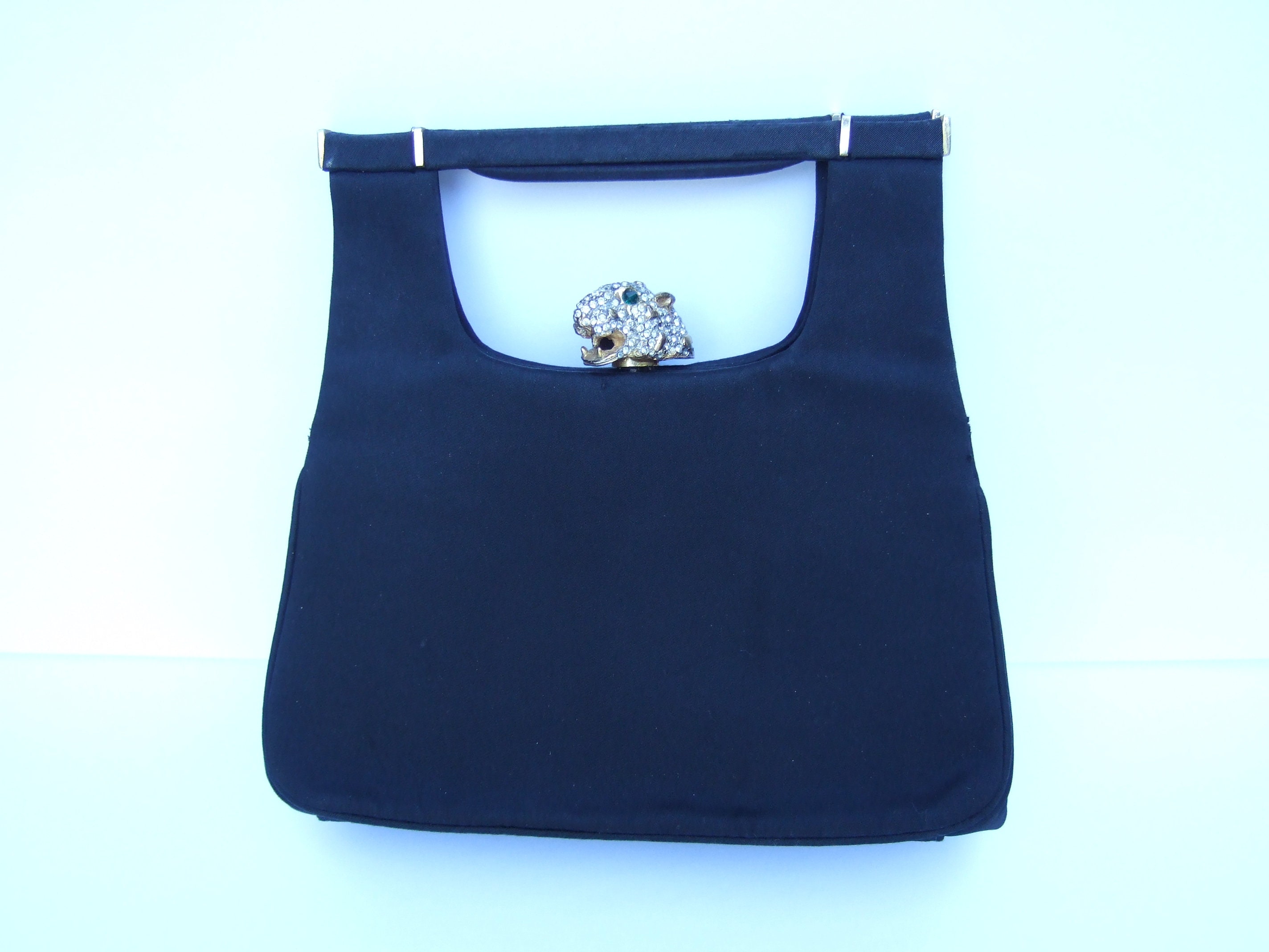 Exquisite Ken Lane Black Satin Panther Clasp Evening Bag for | Etsy