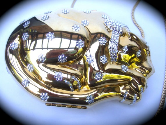 Opulent Gilt Metal Crystal Encrusted Feline-Cat M… - image 9