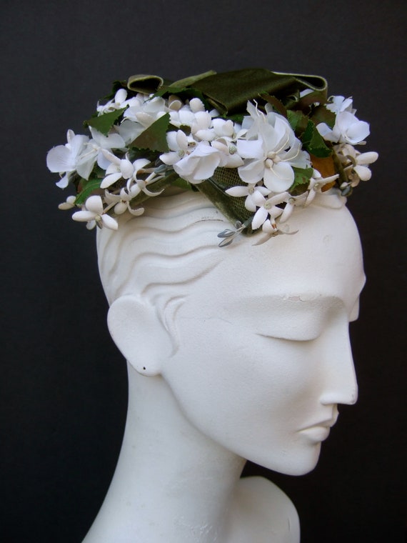 1960s White Flower Green Ribbon Hat designed by M… - image 1