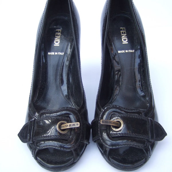 FENDI Italian Black Patent Leather Peep Toe Pumps Size 37.5