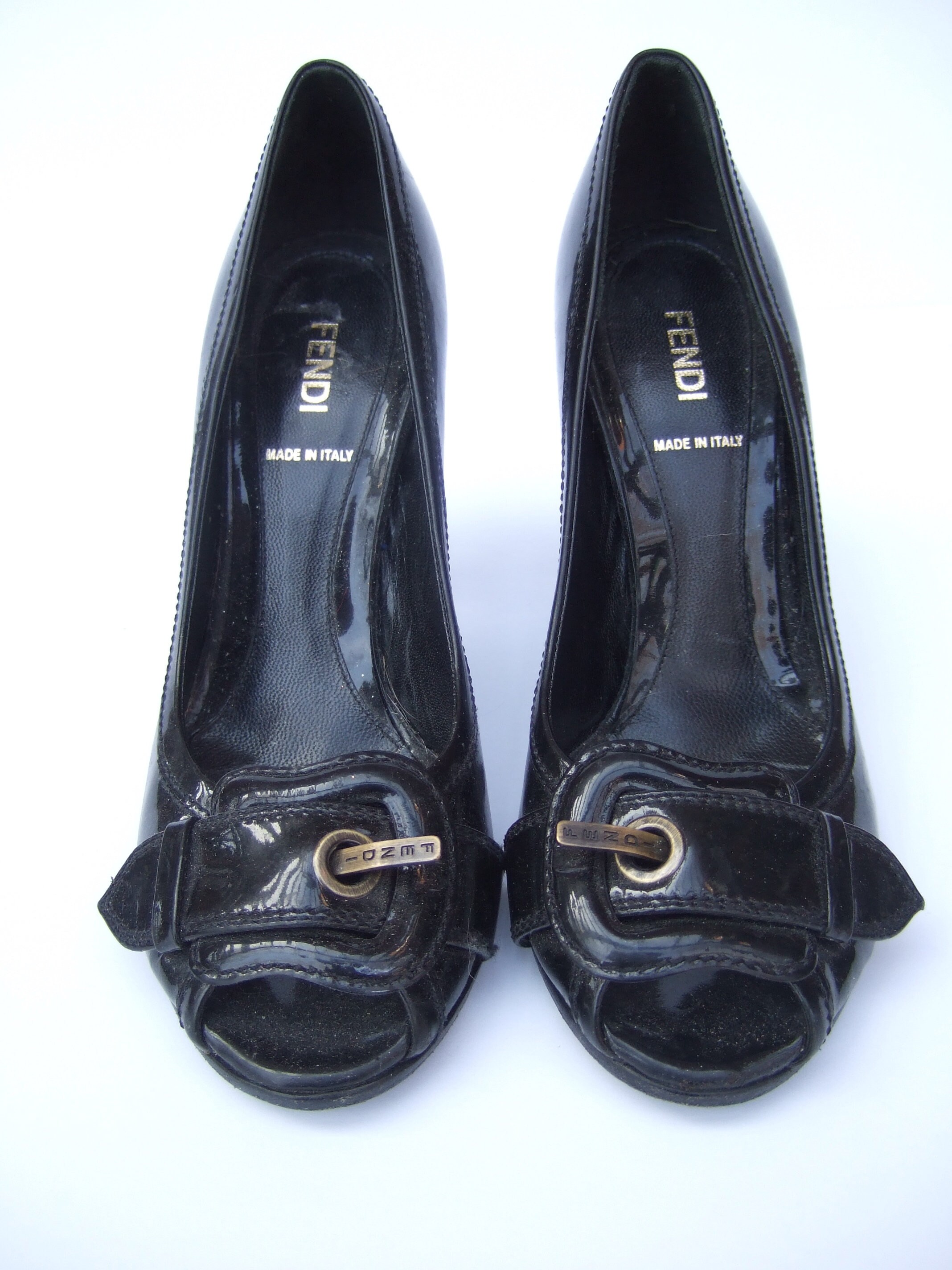 FENDI Italian Black Patent Leather Peep Toe Pumps Size 37.5  display picture 3