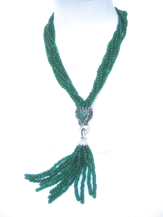 Opulent Green Crystal Panther Tassel Necklace - image 10