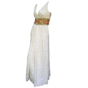 Ceil Chapman Stunning Ivory Brocade Jeweled Empire Gown. 1960's. As Is Imprefections image 1