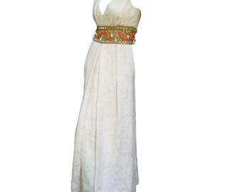 Ceil Chapman Stunning Ivory Brocade Jeweled Empire Gown.  1960's. As Is Imprefections