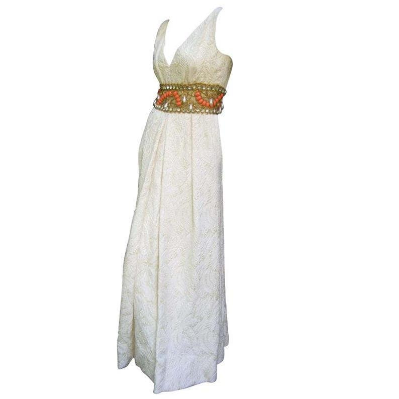 Ceil Chapman Stunning Ivory Brocade Jeweled Empire Gown. 1960's. As Is Imprefections image 1