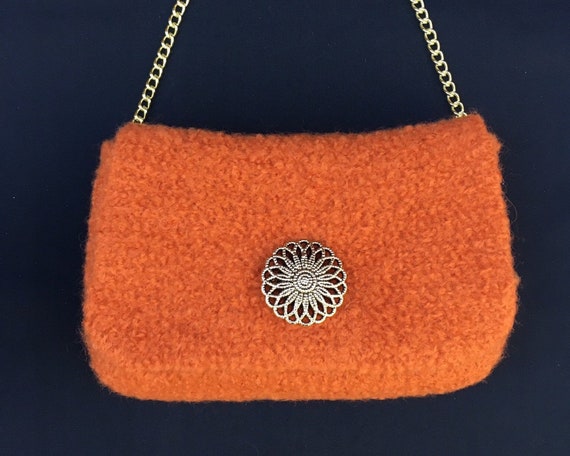 Orange Evening Bag Burnt Orange Clutch Gold Antique Pin Gift 