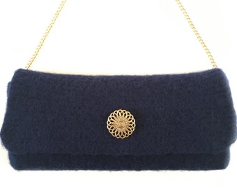 Navy Clutch - Navy Slim Bag - Navy Clutch Purse - Gold Chain - Classic Evening Handbag - Navy Elegant Bag - Small Evening Bag - Gold Pin