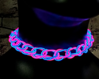 Gargantilla luminosa™ - Collar artesanal con alambre EL, atuendo, trenzado, EDM, rave, neón, Halloween, Burning Man, cosplay, fiesta, joyería, festival, original