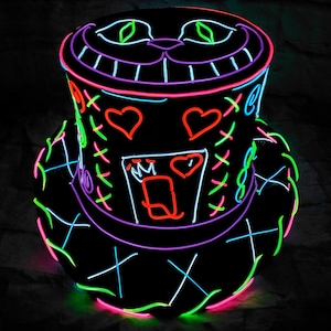 Queen Of Hearts Top Hat-Custom Handmade Neon,El Wire,light up,Mad Hatter,Prop,Steampunk,Costume,burning man,Headpiece,Party,Halloween Outfit