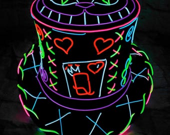 Queen Of Hearts Top Hat-Custom Handmade Neon,El Wire,light up,Mad Hatter,Prop,Steampunk,Costume,burning man,Headpiece,Party,Halloween Outfit