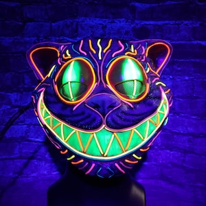 CREEPY CAT ~ Light Up Cat Mask,Sculpted,Custom,Resin,El Wire,Painted,Rave,Burning Man Festival,Cosplay,Halloween,Cheshire,Masquerade,neon