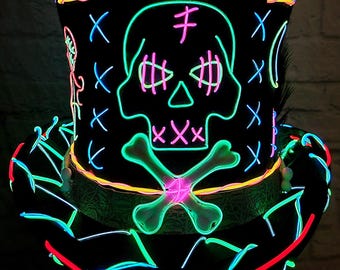 Voodoo King Top Hat -Custom Handmade Neon,El Wire,light up,Mad Hatter,Prop,Steampunk,Costume,burning man,Headpiece,Party,Halloween Outfit