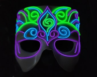 Venetian Lotus -Neon Half Mask,Handmade,El Wire,Masquerade,art,Rave,Halloween,Burning Man,Goddess,Venetian,Party,Festival,Glow,Mardi Gras
