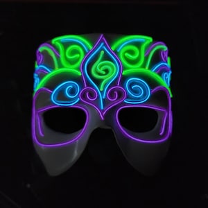 Venetian Lotus -Neon Half Mask,Handmade,El Wire,Masquerade,art,Rave,Halloween,Burning Man,Goddess,Venetian,Party,Festival,Glow,Mardi Gras