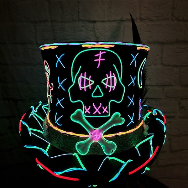 Voodoo King Top Hat -Custom Handmade Neon,El Wire,light up,Mad Hatter,Prop,Steampunk,Costume,burning man,Headpiece,Party,Halloween Outfit