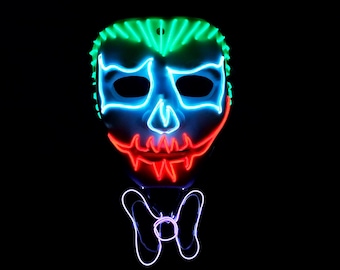 Neon Chaos Glow Mask with 3D Bowtie – Handmade EL Wire Skeleton Cosplay | Light Up Rave, Scary Clown Festival Costume, Halloween Party Wear