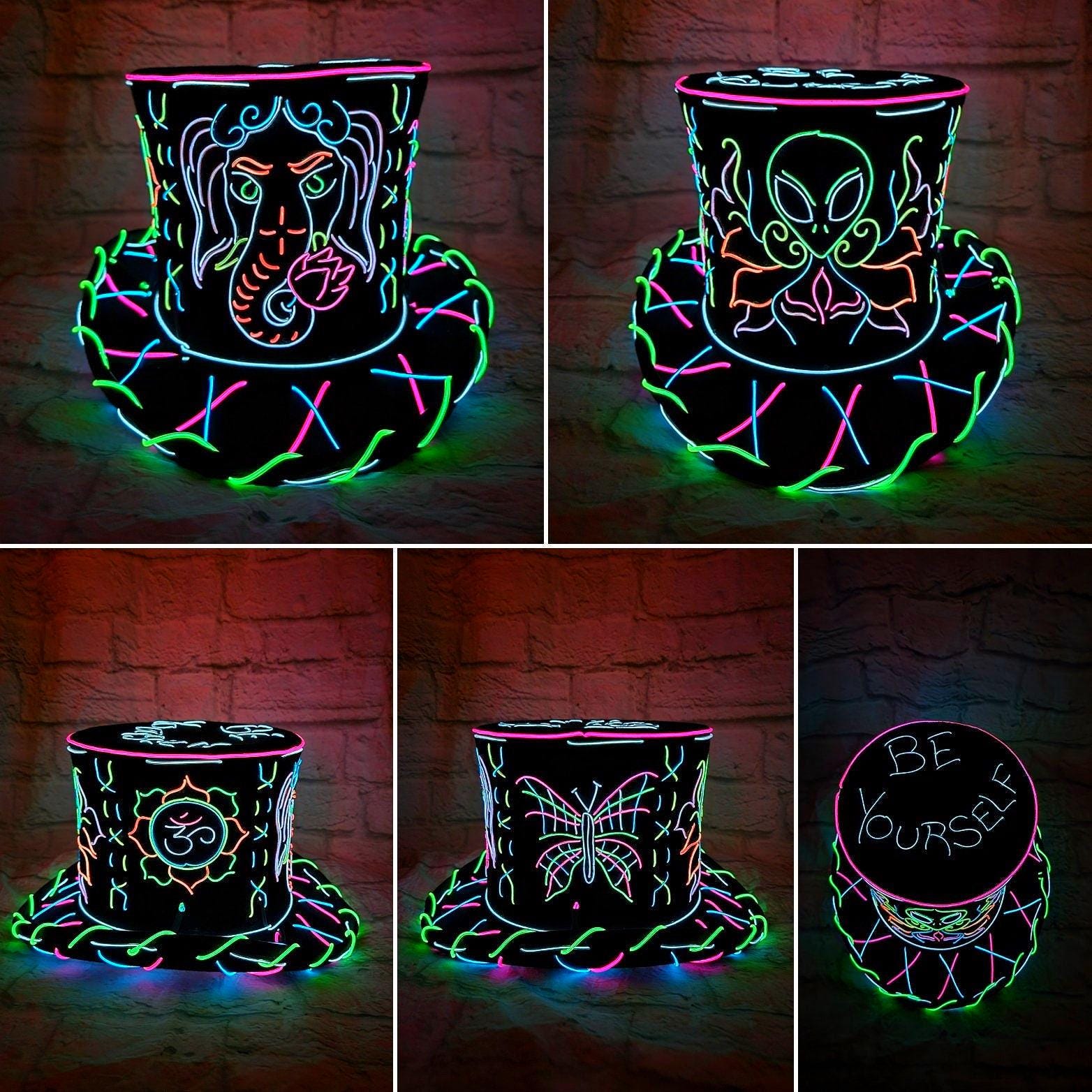 Custom Design Top Hat-Handmade bespoke,Neon,El Wire,light up,Mad Hatter,Prop,Steampunk,Costume,burning man,Headpiece,Party,Halloween Outfit