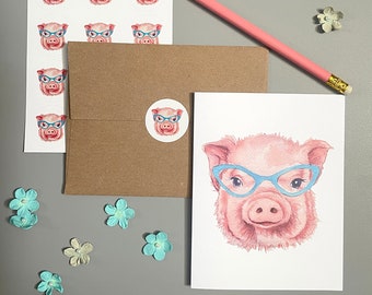 Piglet in Glasses Note Card Set