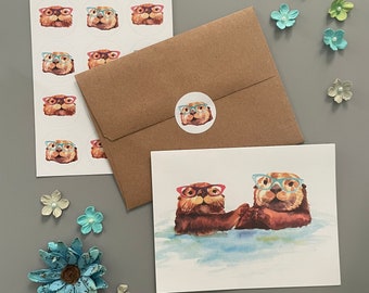 Otters in Glasses Note Card Set
